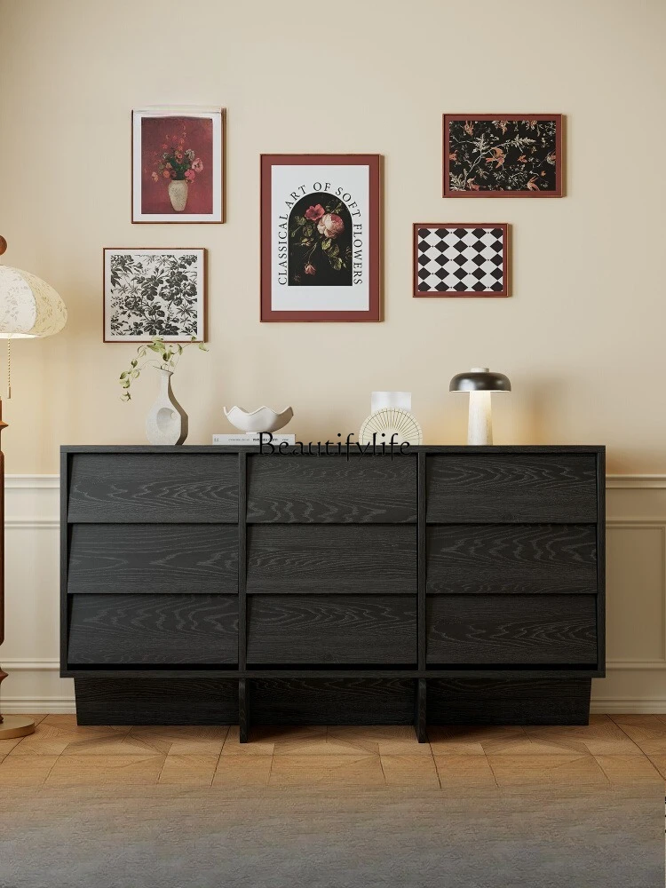 

Wabi-sabi black living room against the wall French retro ash wood storage locker