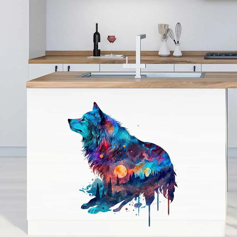 M430 Colorful Wolf Watercolor Animal Wall Sticker Bathroom Toilet Living Room Cabinet Refrigerator Home Decoration Decals