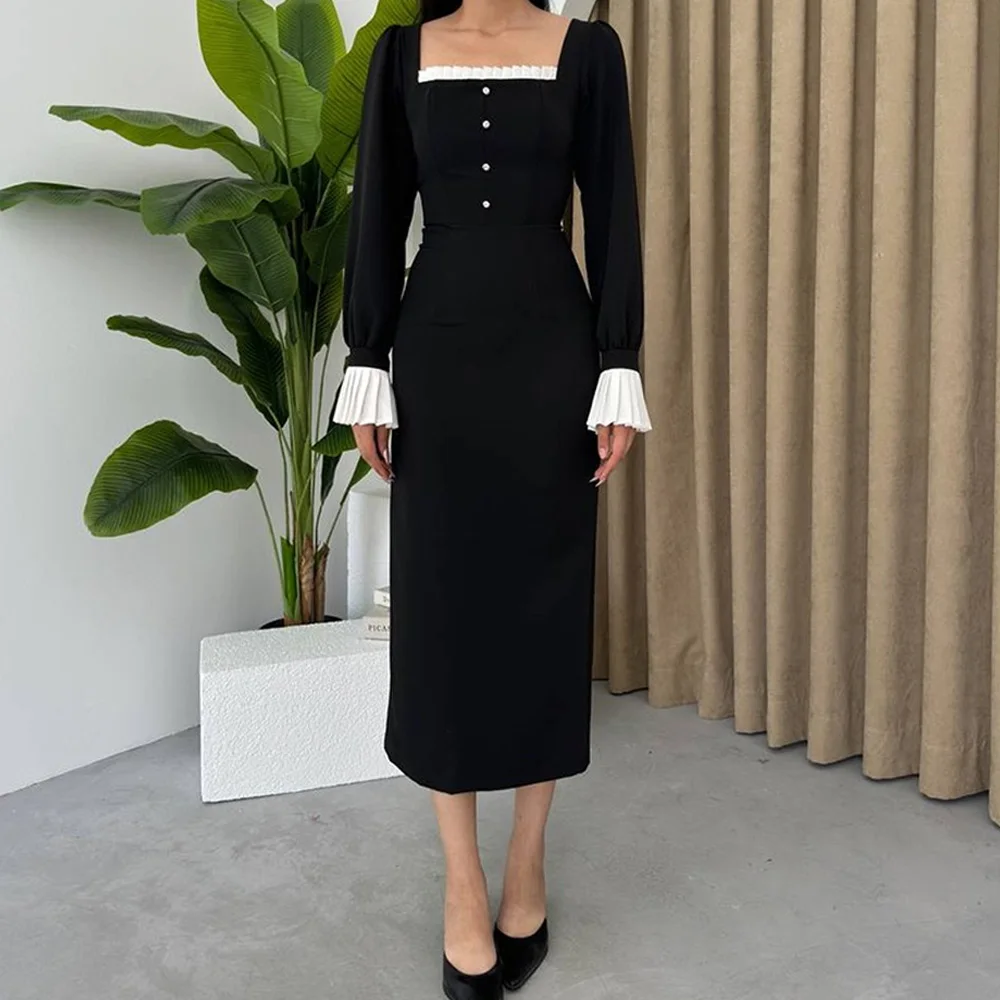 Square Neck Long Sleeves Jersey Straight Tea Length Ruffles Contrast Color Zipper Back Elegant Evening Dress For Formal Occasion