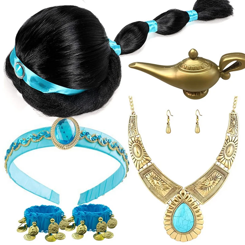 

3-10 Yrs Girl Genie Magic Lamp Jewelry Mid Eastern Cosplay Costume Fairy Tale Arabian Vintage Headwear Kid Jasmine Role Play Wig
