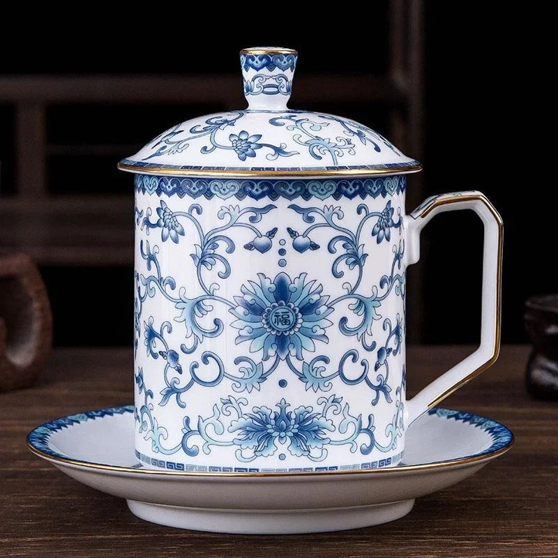 Jingdezhen-Ceramic Tea Cup with Cover Tray Blue and White Porcelain Mug Tea Separation Bubble Cup Enamel Service