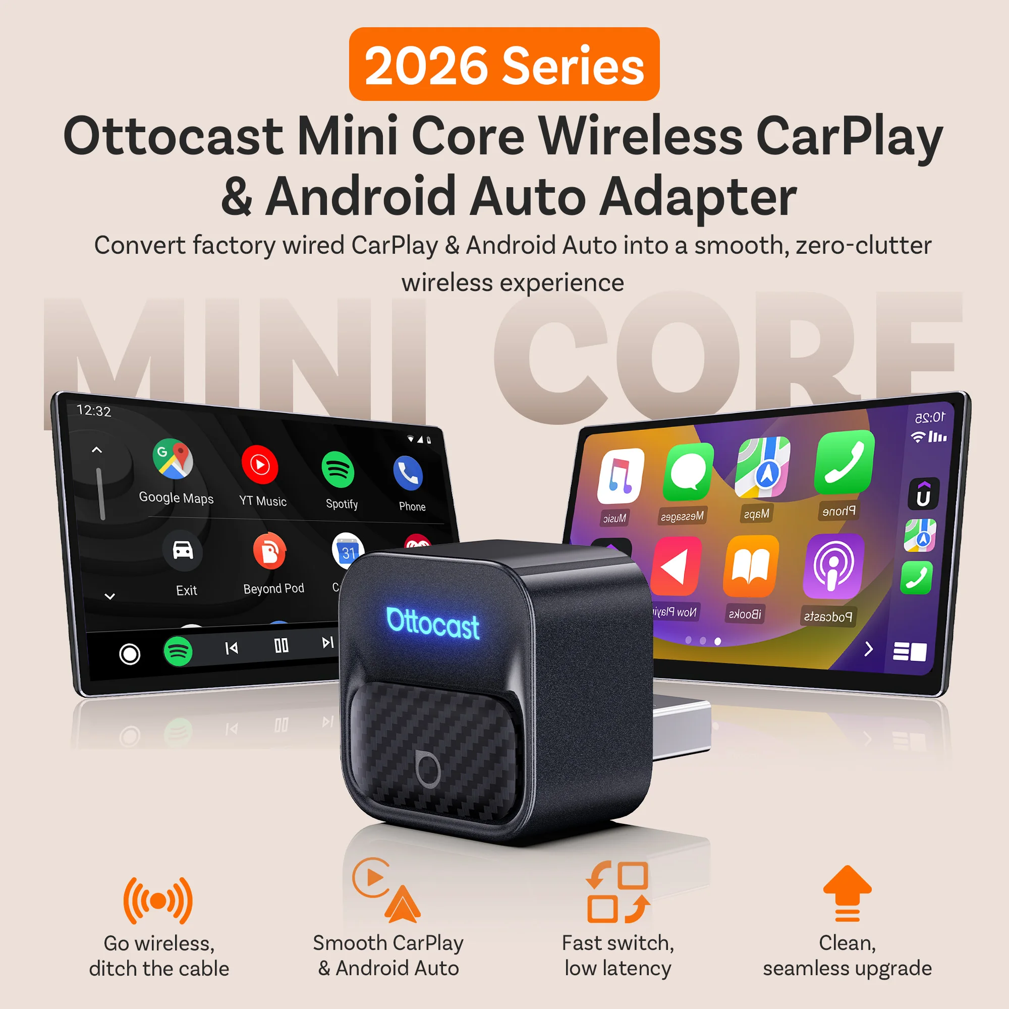 

OTTOCAST Mini Core Wireless CarPlay & Android Auto Adapter WiFi 6 Bluetooth 5.4 Wired to Wireless Dongle Fast Auto Reconnect