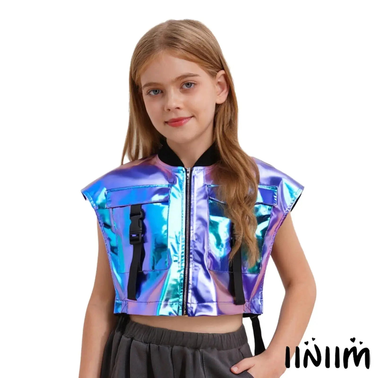 

Kids Girls Jazz Dance Stage Performance Outfit Sleeveless Sides Open Zipper Metallic Vest with High Waist Shiny Shorts