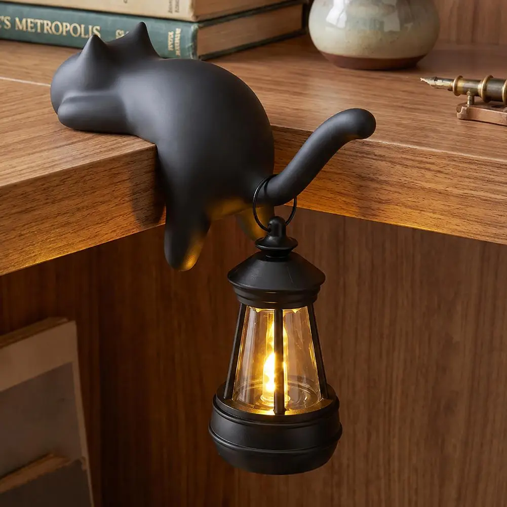 3D Printed Cat Shaped Bookshelf Hook with Mini Lantern Decorative Cat Shelf Light Key Holder Gift for Cat Lovers