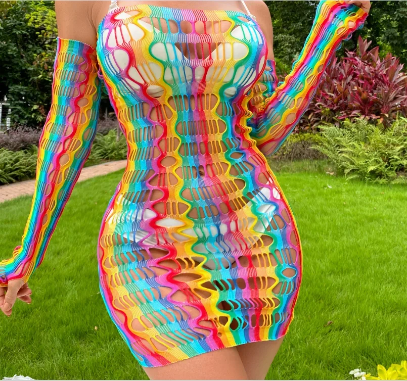

New Arrive Fashion Girl Sexy Bodycon Rainbow Colored Dresses Arm Sleeve Party Dancewear Lingerie