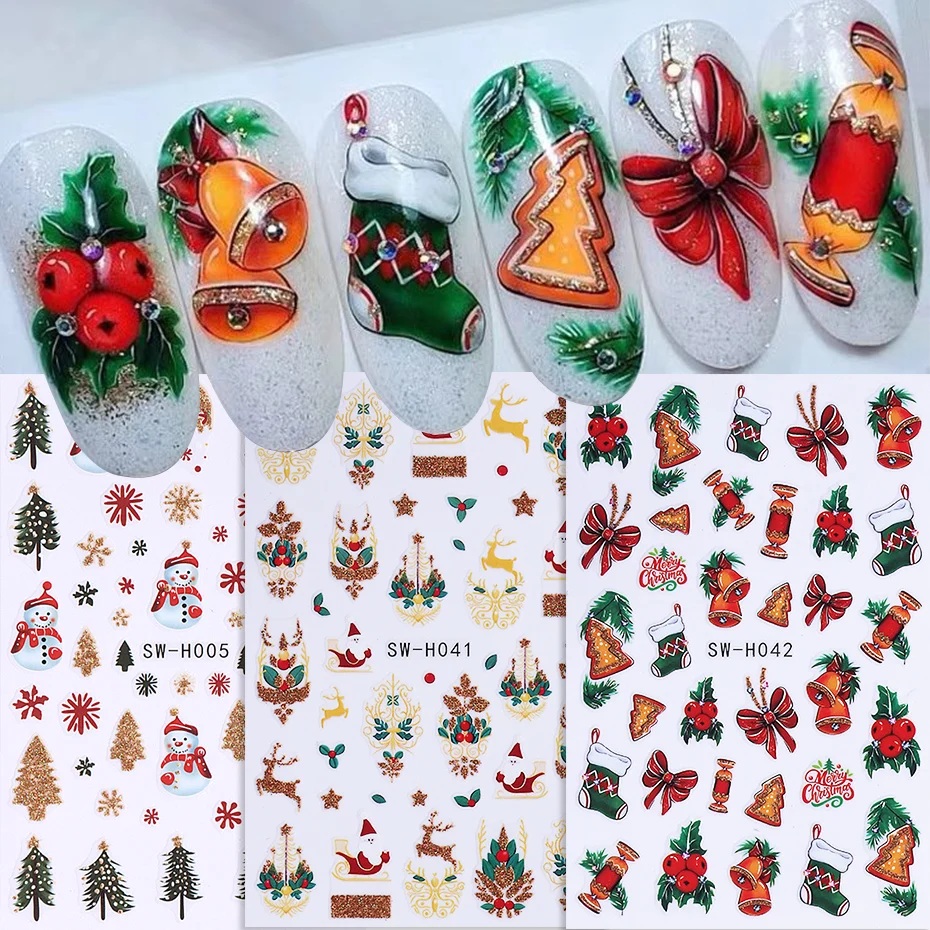 3 stücke Cartoon Weihnachten Nagel Aufkleber Glitter Gold Schneeflocke Rentier Glocke Schneemann Bogen Nagel Slider Aufkleber DIY Maniküre Dekoration