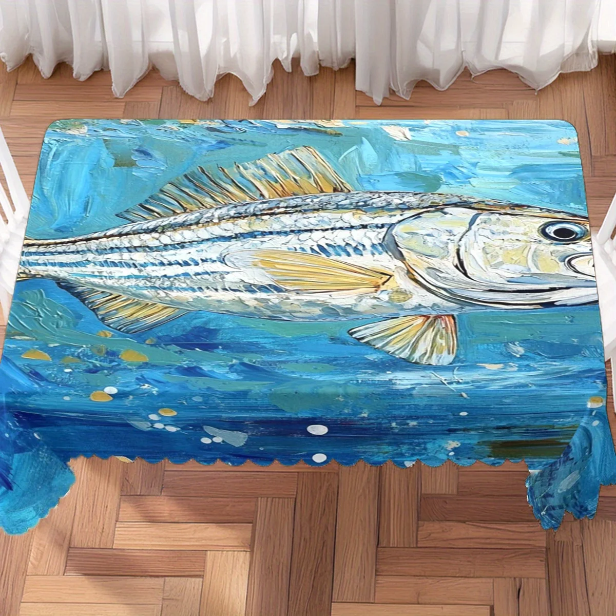 Oil Painting Striped Bass Fish Blue Seawater Print Waterproof Tablecloth, Rectangular Table Cover Home Dining Ocean Theme Decor