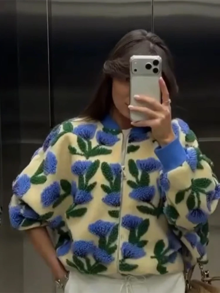 Blouson Bomber en Peluche Fleuri Chic et Décontracté pour Femme, Coupe Ample à Manches Longues, Ferm