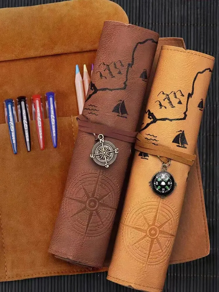 1PC Creative Treasure Map Retro Pencil Case Leather Large Capacity Roll Pencil Bag Embossed Buckle Simple Stationery Box Roll Po