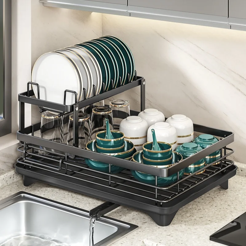 

2-Tier Dishes Dryer Rack Metal Black Dish Drainer Large Kitchen Organizers and Storage Rack with Drainboard and Cutlery Holder