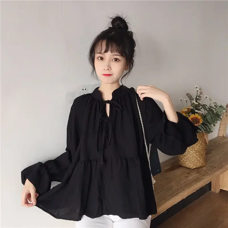 Spring New Long Sleeve White Blouse Solid Color Lacing Loose All-match Pleated Shirt Tops Preppy Style Fashion Women Clothing