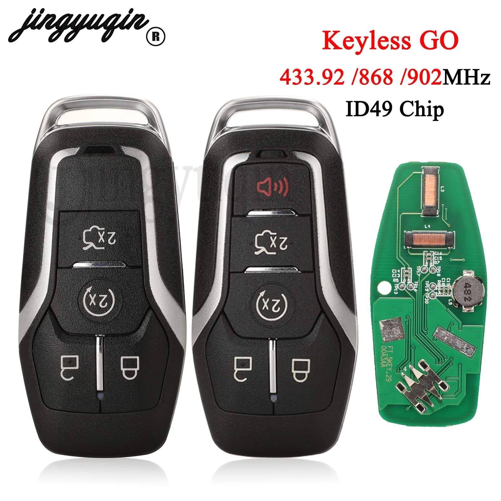 

jingyuqin Keyless Go 433.92MHz/868MHz/902MHz Remote Key ID49 Chip For Ford Mustang Edge Explorer Fusion Mondeo Kuka 4/5 Buttons