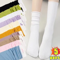 5pairs Solid Colors Long Socks Women Girls Harajuku Knitting Striped Japanese Loose Socks Breathable Ice Thin Calf Tube Socks