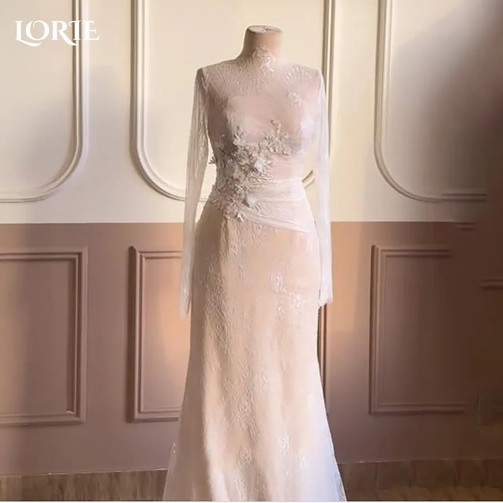

LORIE Lace Muslim Wedding Dresses Applique High Collar Flared Sleeve Church Mermaid Bridal Gown vestido de novia Customized