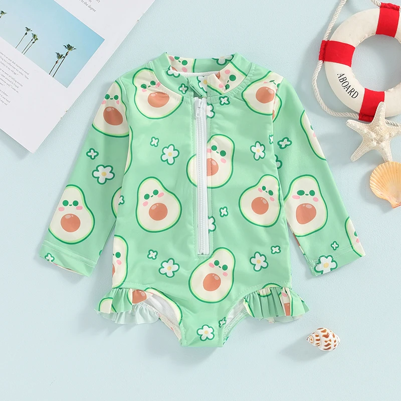 6M-4T Baby Girl Swimsuit Summer Fruit Print Pleated Long Sleeved Monokini Toddler Swimsuit Beach Cute Swimsuit Beachwear