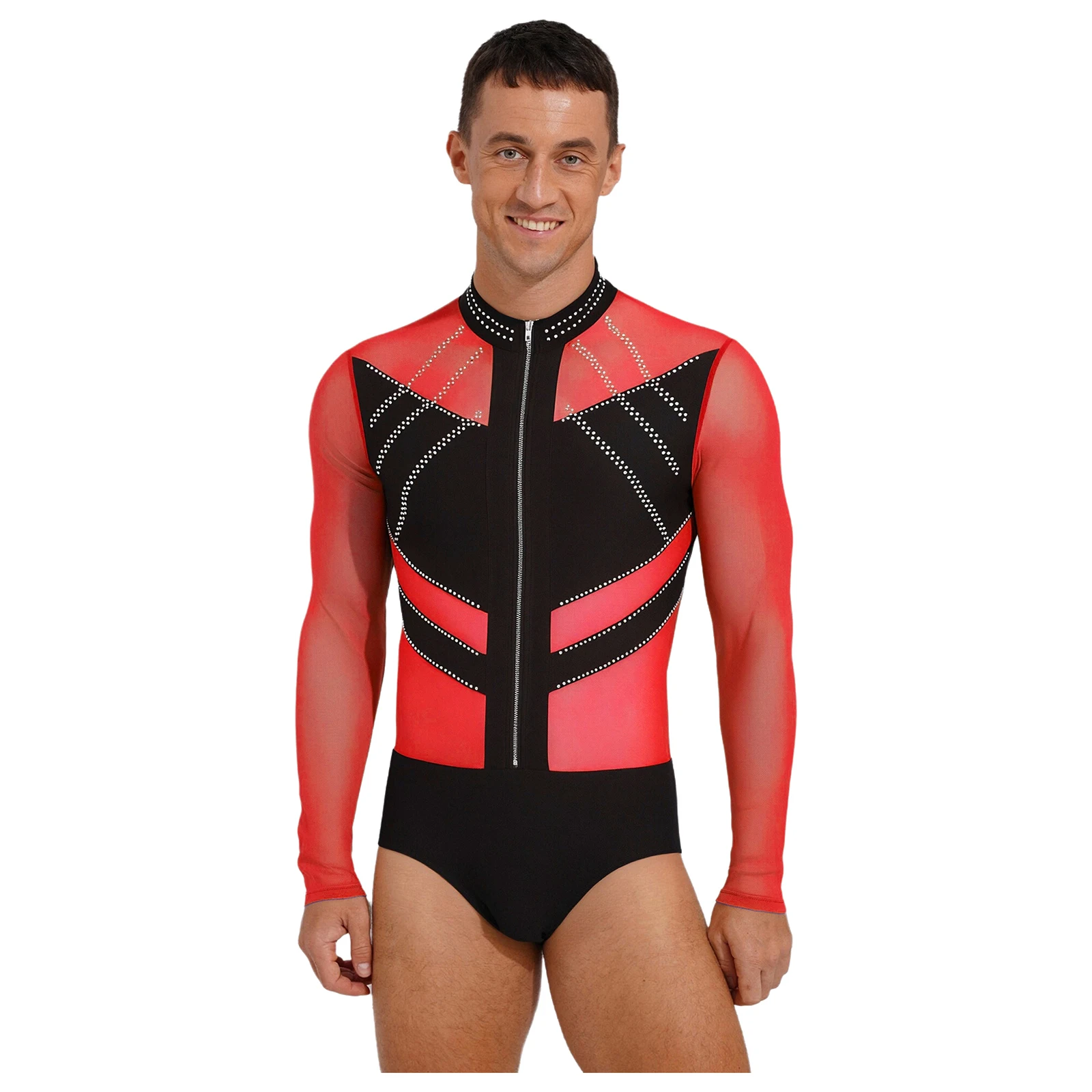 Heren glittersteentjes gymnastiek artistiek kunstschaatsen kostuum lange mouw ritssluiting pure mesh dans maillots bodysuit