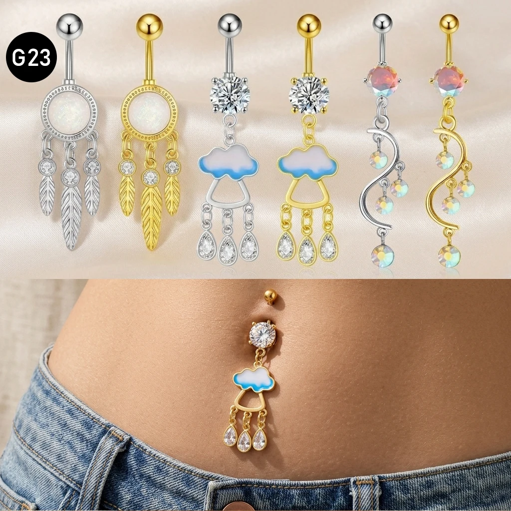 Titanium Navel Rings Cloud Raindrop Dangle Belly Button Piercing Jewelry CZ Crystal Belly Button Rings Fashion Body Piercing