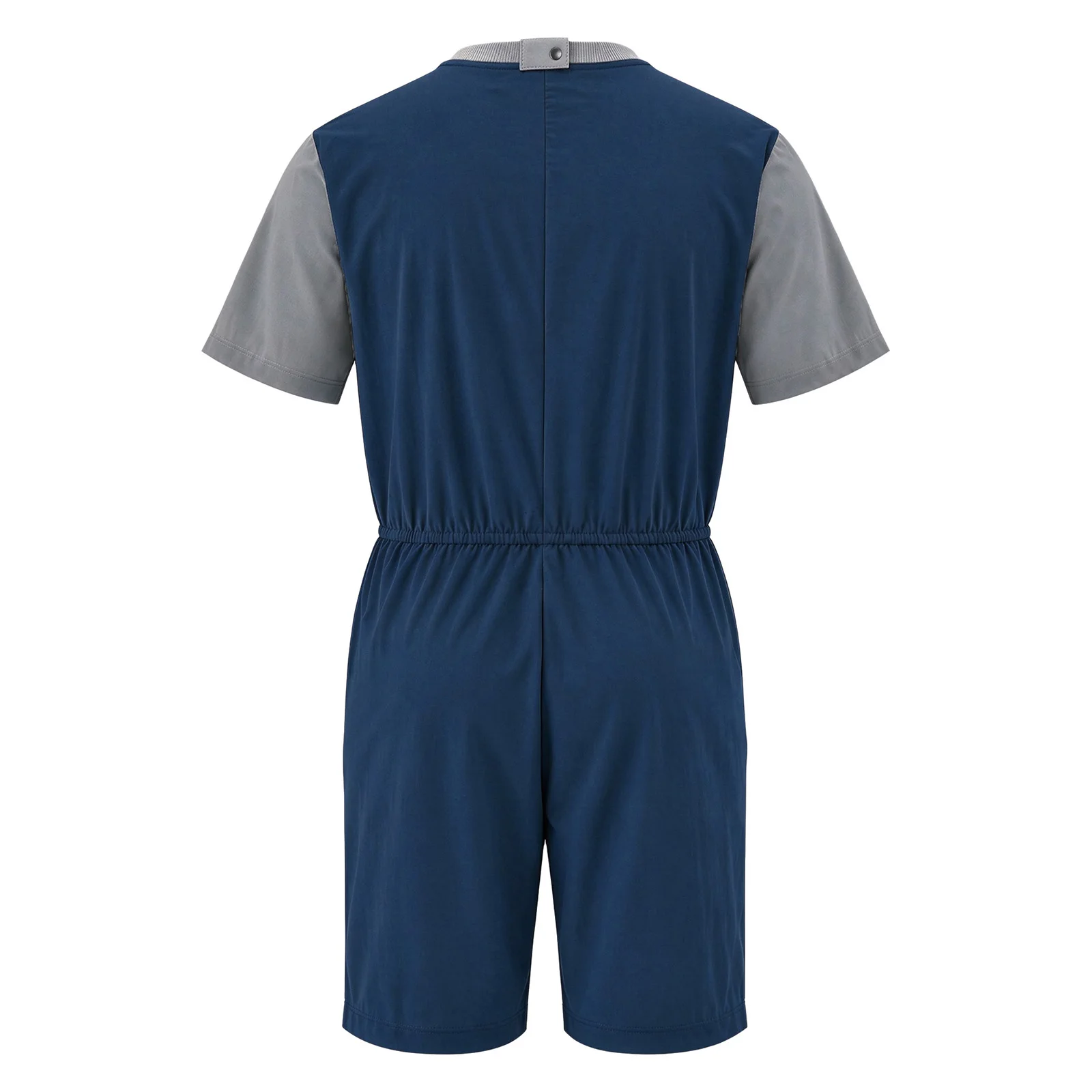 Unisex Thigh Length Jumpsuit Men Women Anti Strip Adaptive Short Sleeve Elastic Waist Back Invisible Zipper Bodysuit with Pocket