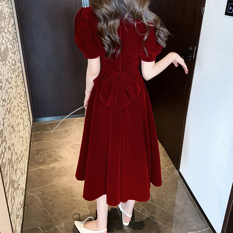 Runway Fashion Summer Party Dresses High Quality Women Square Neck Puff Sleeve Back Bow Ladies Office Vestidos