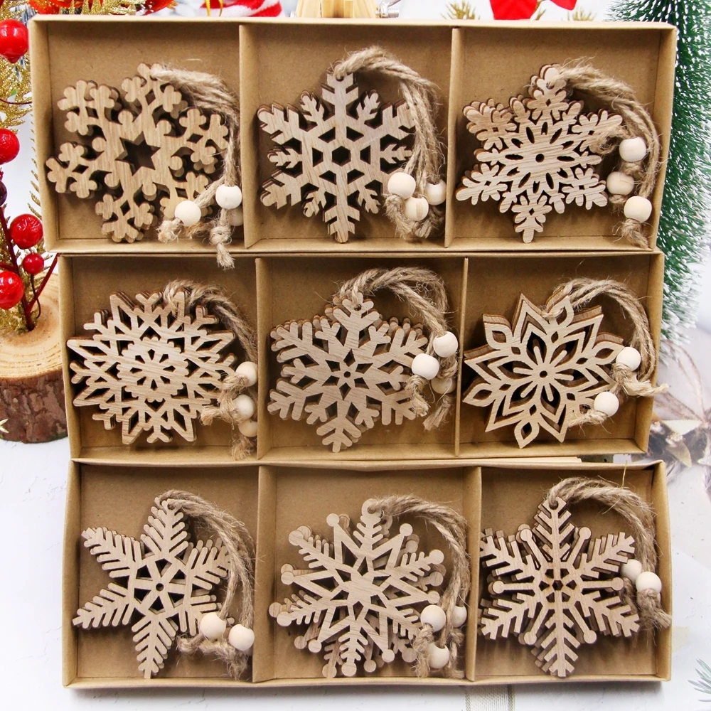 Flocons de neige de Noël en bois pour enfants, ornements de Noël, décorations d'arbre de Noël, fournitures de bricolage, cadeaux, 12 pièces par boîte