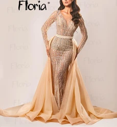 Sparkly Sequins Long Mermaid Prom Dresses With Overskirt Women V Neck Long Sleeves Wedding Party Dresses Vestidos De Fiestas