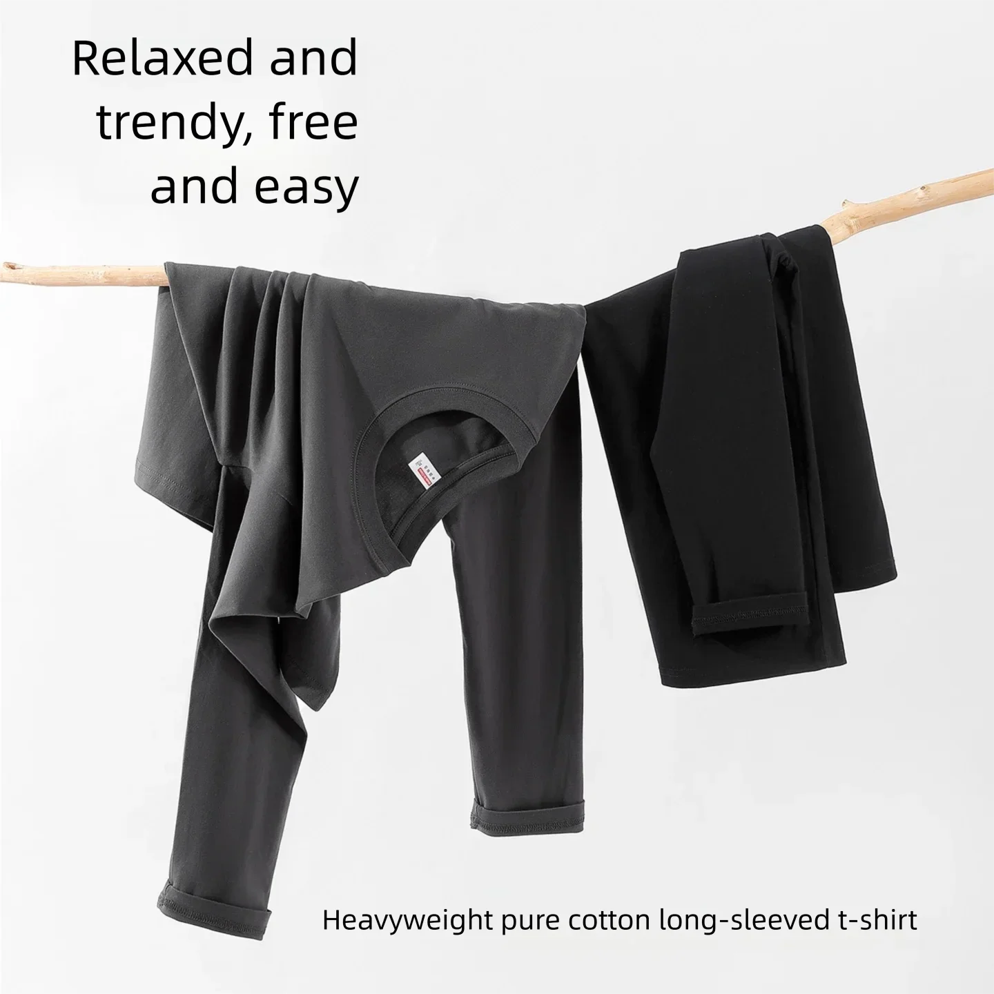 تي شيرت رجالي عصري بأكمام طويلة من القطن الخالص باللون الأسود لخريف جديد مع رقبة دائرية وطبقة أساسية #6