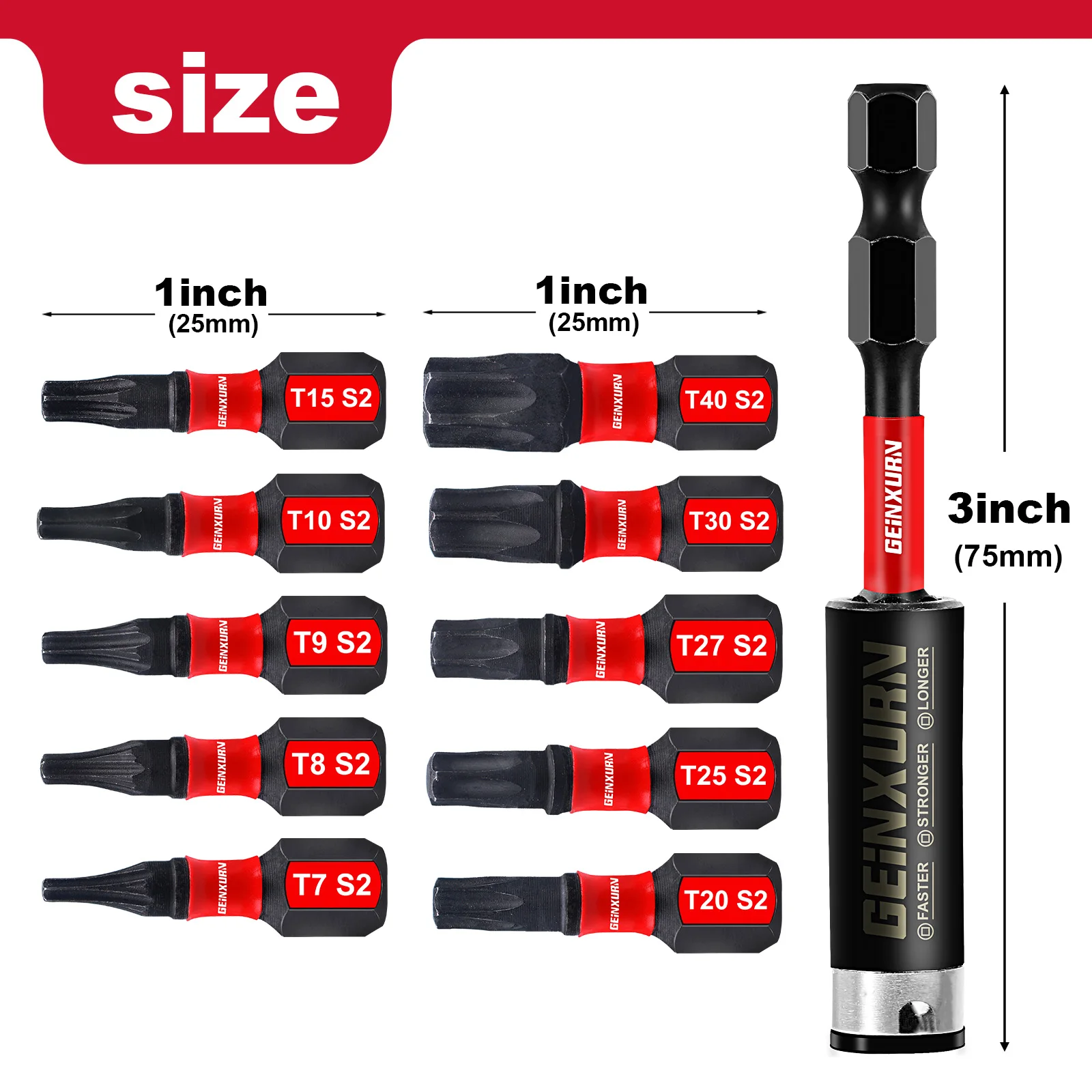 Geinxurn 1 Inches T7-T40 Torx Screwdriver Bit Set,Impact Tough Magnetic S2 Alloy Steel Star Bit with Sase image 2