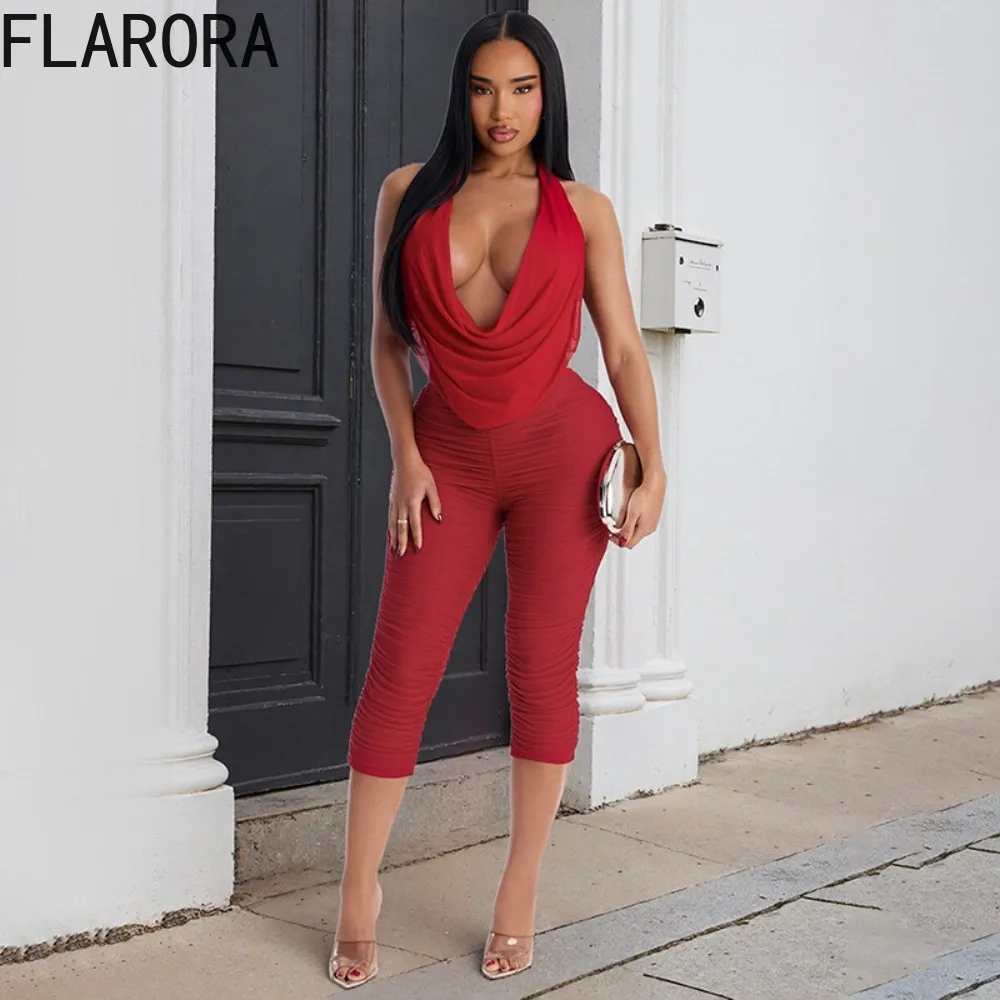 

FLARORA Sexy Mesh Fold 2 Piece Sets Woman Swinging Collar Sleeveless Backless Tops And Shirring Pants Set Elegant Party Clubwear