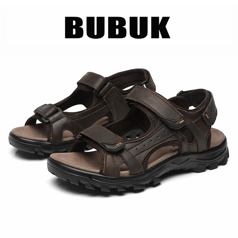 Bubuk Men's Outdoor Sandals Made of Top-Layer Cowhide, Non-Slip Thick-Soled Sports Beach Sandals, with Velcro Adjustment, Suitable for Commuting, Hiking, Fishing, and Casual Wear