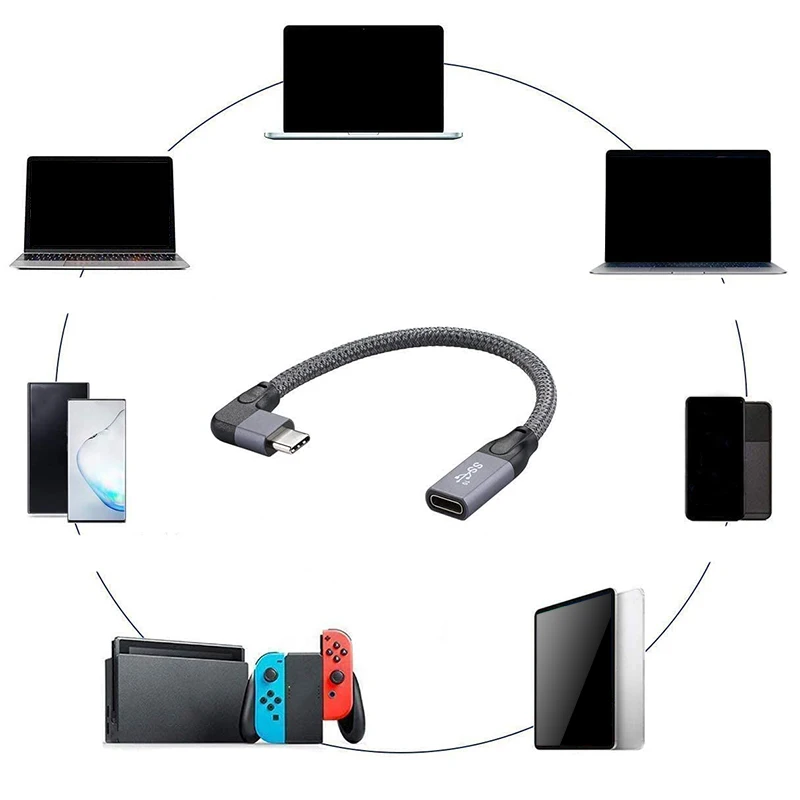 BAAJ-زاوية يمنى USB C تمديد كابل قصير، مضفر وألومنيوم USB-C 3.1 ذكر إلى أنثى تمديد، Gen 2 10Gbps