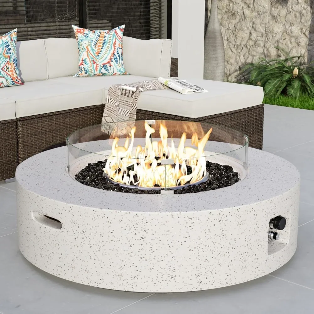 

Outdoor Propane Fire Pit Coffee Table w Terrazzo White 40.5-inch Round Base Patio Heater, 50,000 BTU Stainless Steel Burner