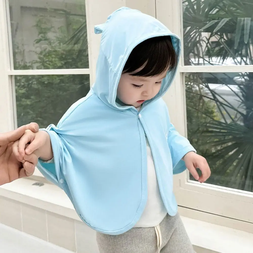 UPF50 + детский солнцезащитный плащ с капюшоном с мультяшными ушками, розовый, белый, синий, детское солнцезащитное пальто, однотонная одежда из ледяного шелка, защита от ультрафиолета