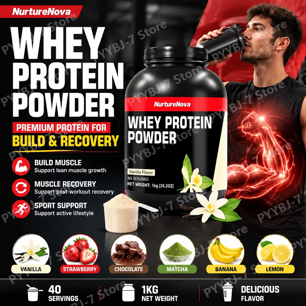 Whey Protein Powder Fuel Muscle Growth, Cut Workout Fatigue Whey & Isolate Protein Mix Vanilla Flavor 40 Servings 1kg (35.2oz)