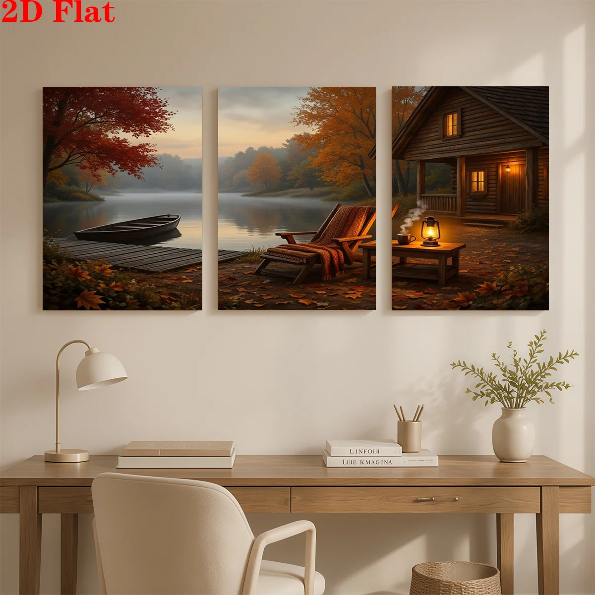 Frameless canvas 2D 3pcs Canvas Art Wall Hanging- A cozy autumn lakeside cabin. Suitable for Decorating Offices, Dining Rooms