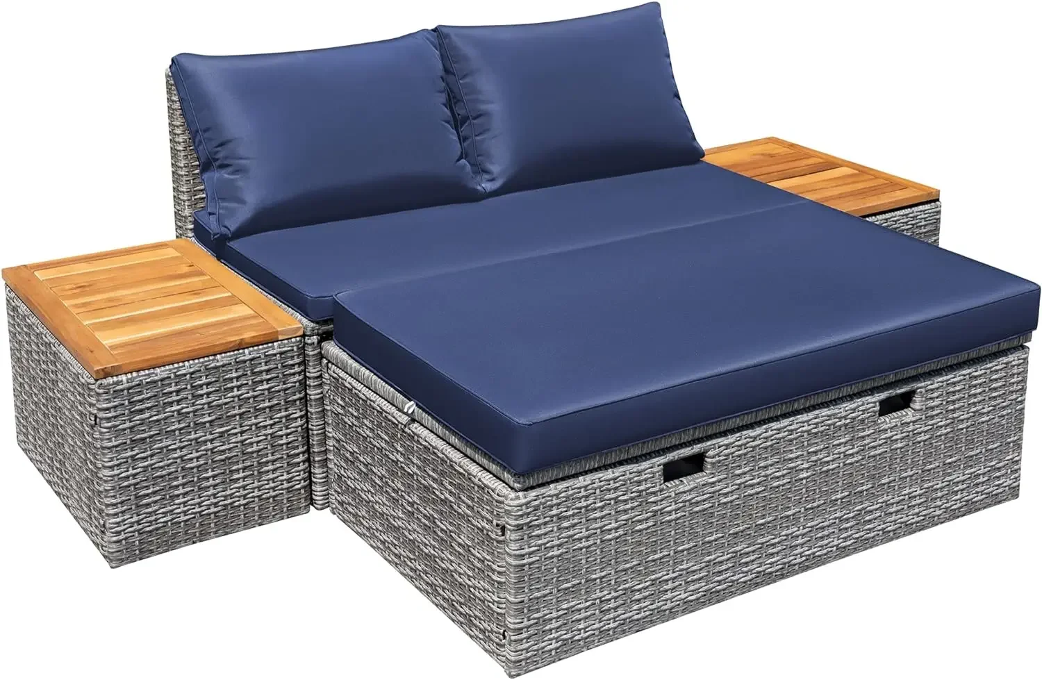 Outdoor Daybed Set Multifunctional Patio Day Bed Rattan Lounge Bed with 2 Side Tables for Backyard Porch Poolside Lawn Beach