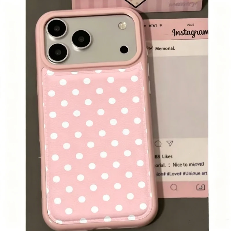 Ins Korean Trendy Cute Pink Polka Dots Pattern Leather Phone Case For iPhone 17 Air 16 15 14 13 12 11Pro Max Plus Y2K Back Cover