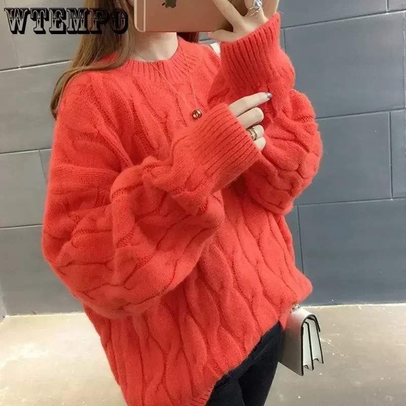 WTEMPO Solid Color Sweater for Women Soft Knitwear Long Sleeve Winter Fall Cable Knit Round Neck Long Sleeve Sweater Jumper