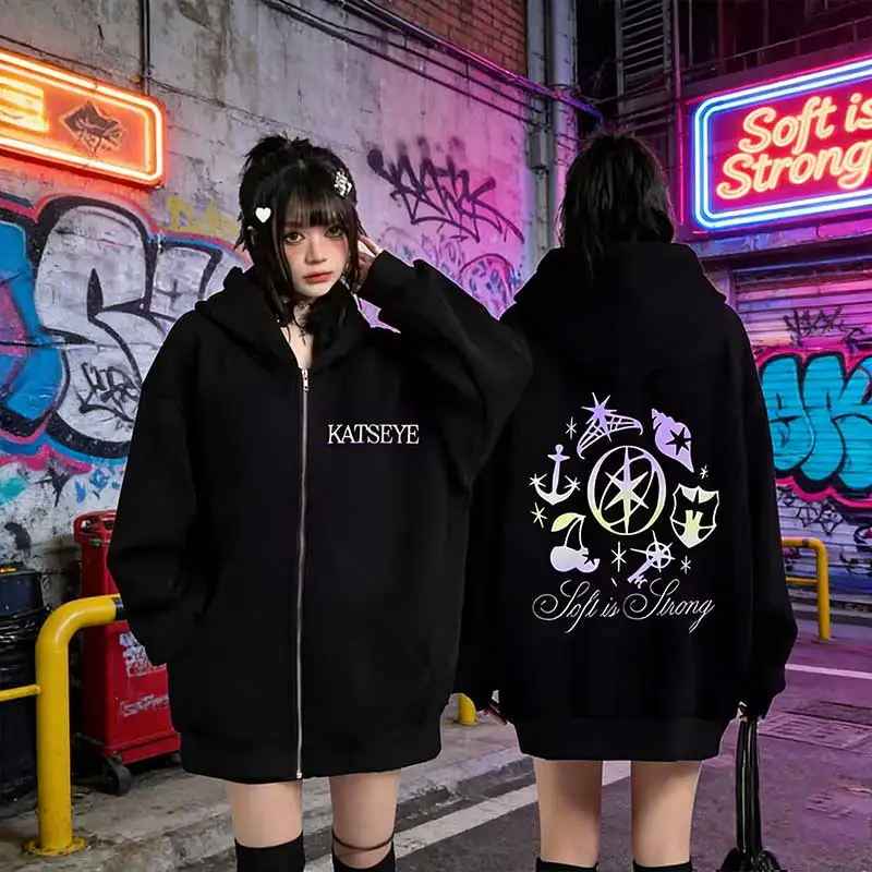 

Спортивный костюм Katseye с графикой, винтажная толстовка с капюшоном для мужчин и женщин, 2026, флисовая модная одежда, пальто в стиле хип-хоп, куртка на молнии, свободная уличная одежда