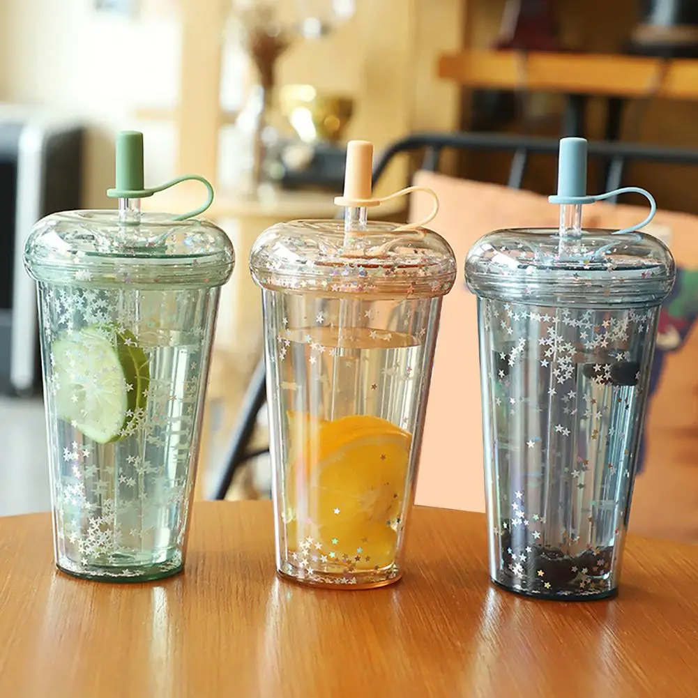 Reusable Plastic Tumbler with Straw Transparent Straw Cup with Sequins Decor Leak-proof Reusable Plastic Sippy Cup for Students