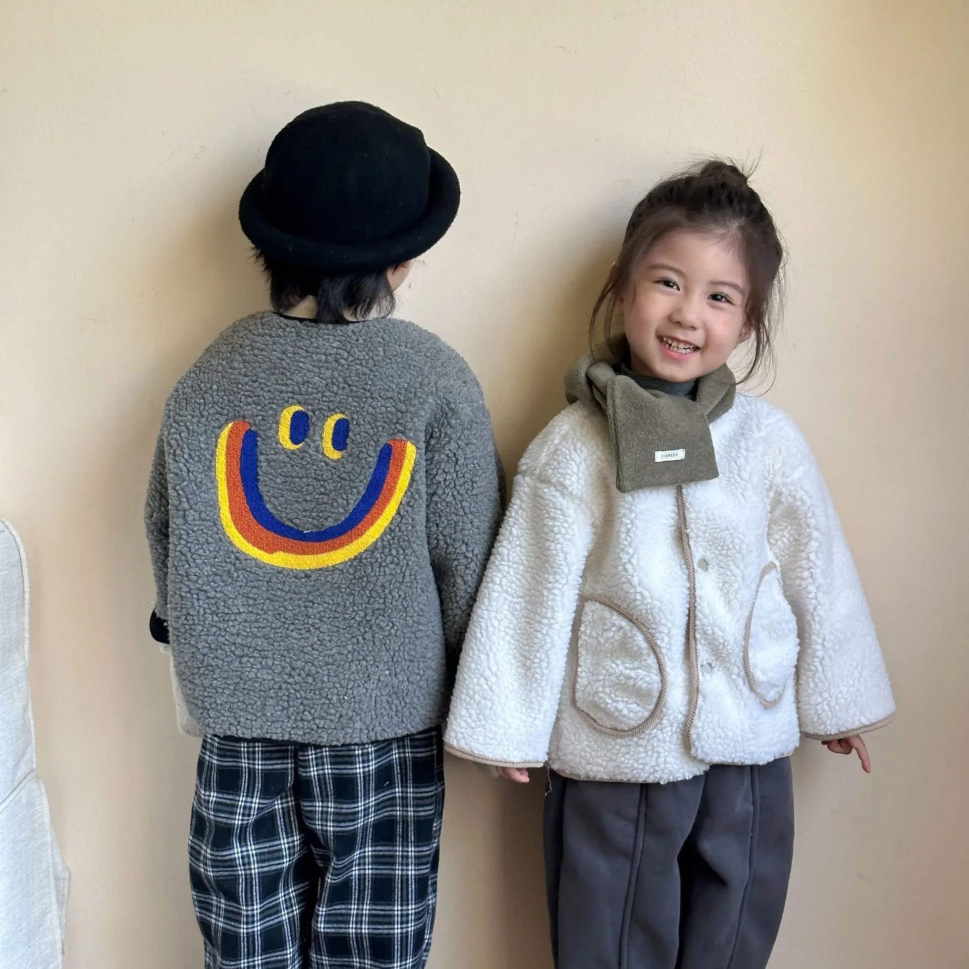 Childrens Lamb Wool Jacket Thicken Wool Big Smiling Face 2024 Autumn Winter Kids Boys Coat Little Baby Girls Fur Jacket