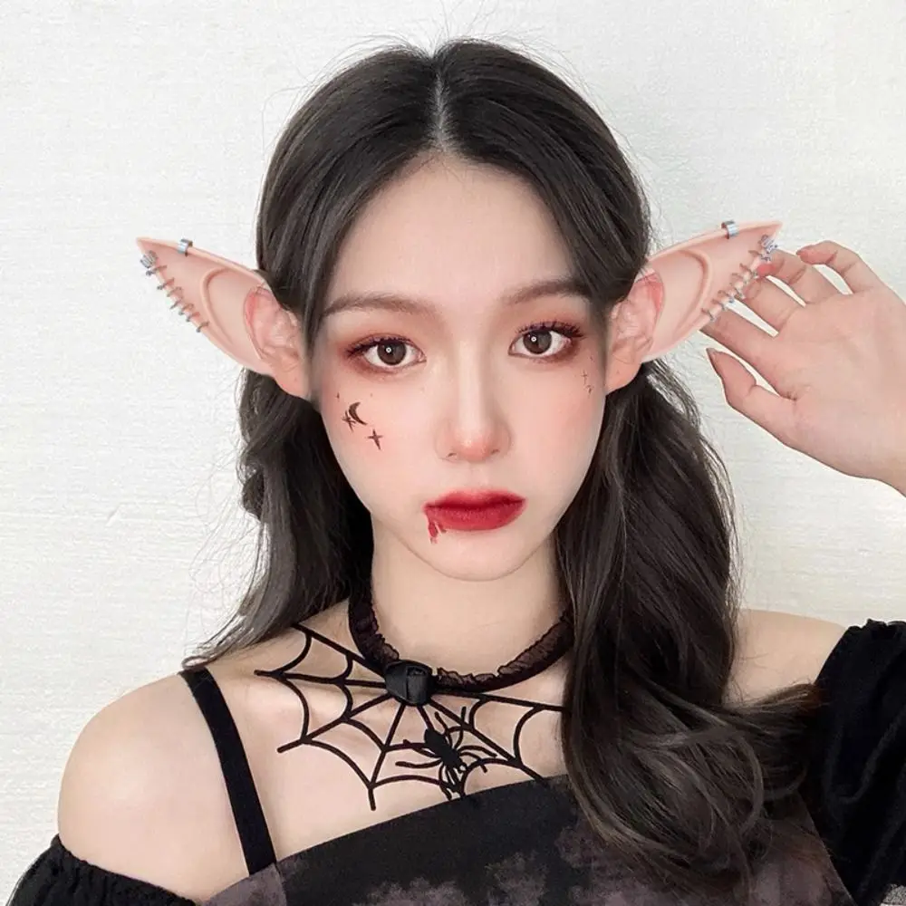 

1pair Fairy Latex Elf Ears Cross Non-pierced False Ears with Earring Women Earrings Ear Cuff Jewelry Cosplay Accessories