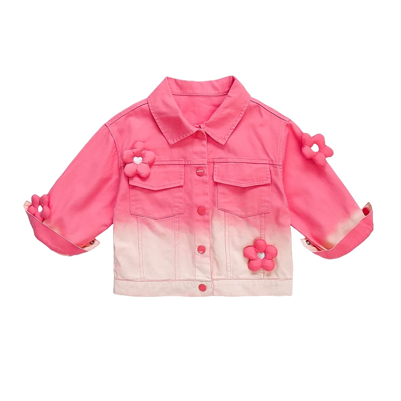 New Autumn Baby Girls Gradient Pink Denim Jacket Coat with Applique Kids Child Cute Jeans Outfit Clothing Age 2 3 4 5 6 7 8 9 Y - Image 4