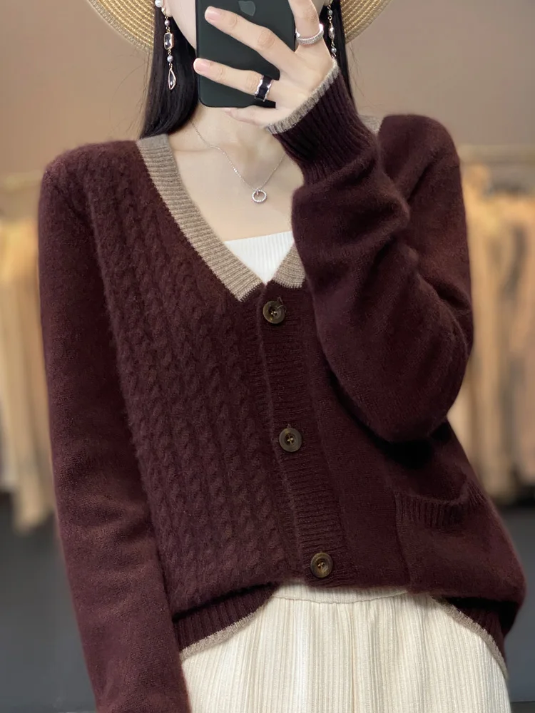 2024 New Autumn Winter Women Cashmere Sweater 100% Merino Wool Knitted V- Neck Cardigan Contrast Button-up Stylish Fashion Top