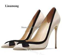Linamong Beige Suede Matte Leather Butterfly Stiletto Heel Pumps Pointed Toe Bowtie Slip-on 8cm 10cm 12cm High Heels