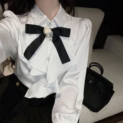 MEXZT 여성용 화이트 활 셔츠, 일본 프레피 프릴, 긴 소매 블라우스, 한국 패션, 우아한 올 매치 디자인 상의, 신상