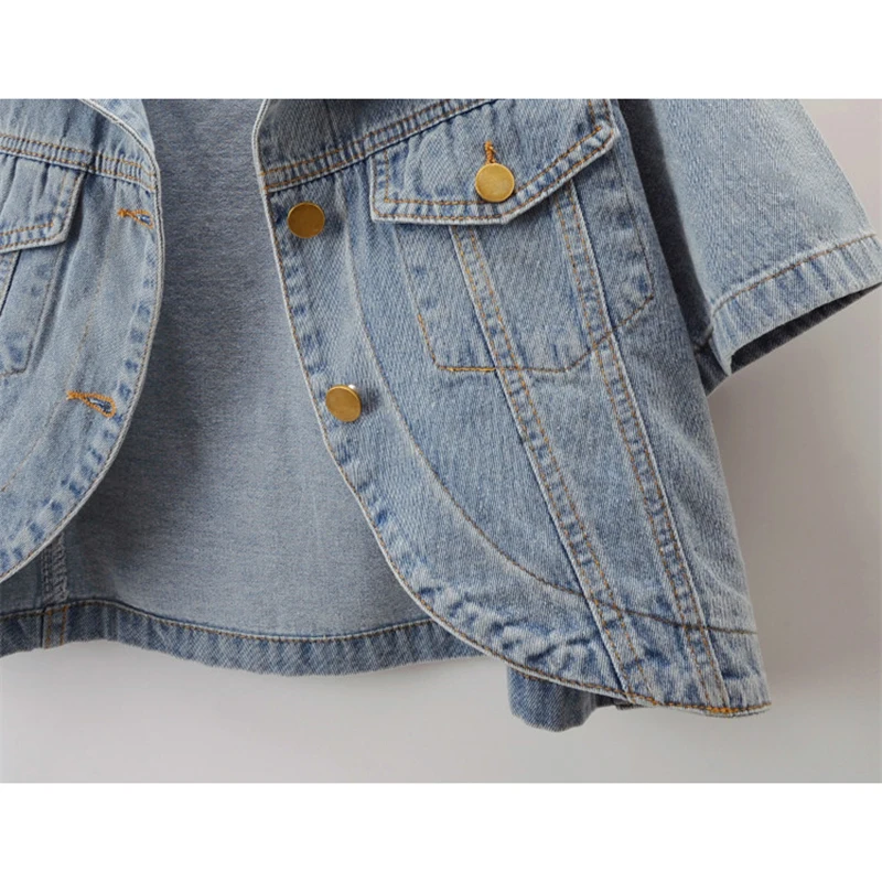 Lente Zomer Grote Zak Korte Mouw Denim Jas Vrouwen Slanke Korte Student Cowboy Bovenkleding Vintage Blue Jeans Jas Vrouwelijke