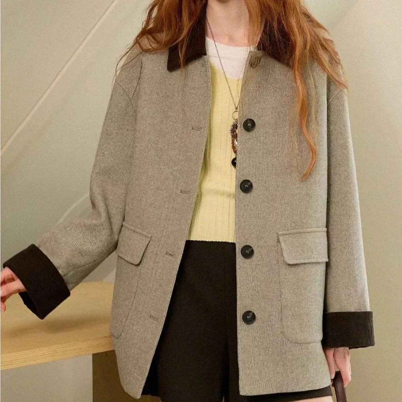 Women Retro Color Block Corduroy Collar Wool Blend Coat, Single Breasted Loose Fit Fall Spring Casual Outerwear