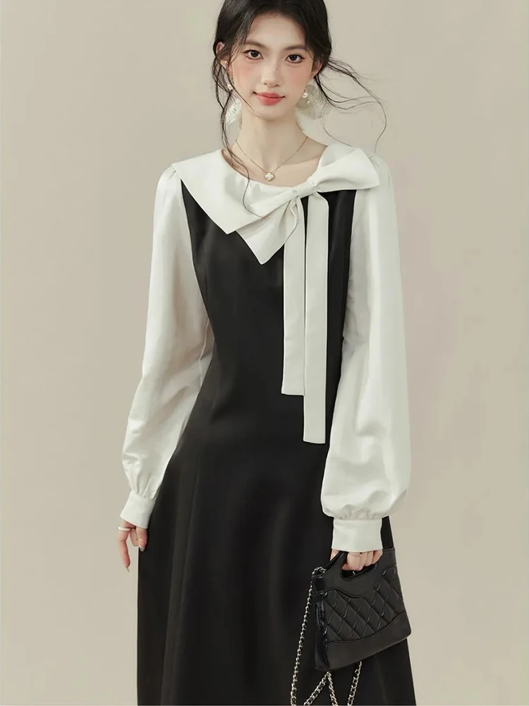 

Французское элегантное платье миди женское с длинным рукавом с черным бантом модные повседневные платья женское шикарное офисное женское осенне-зимнее нежное платье