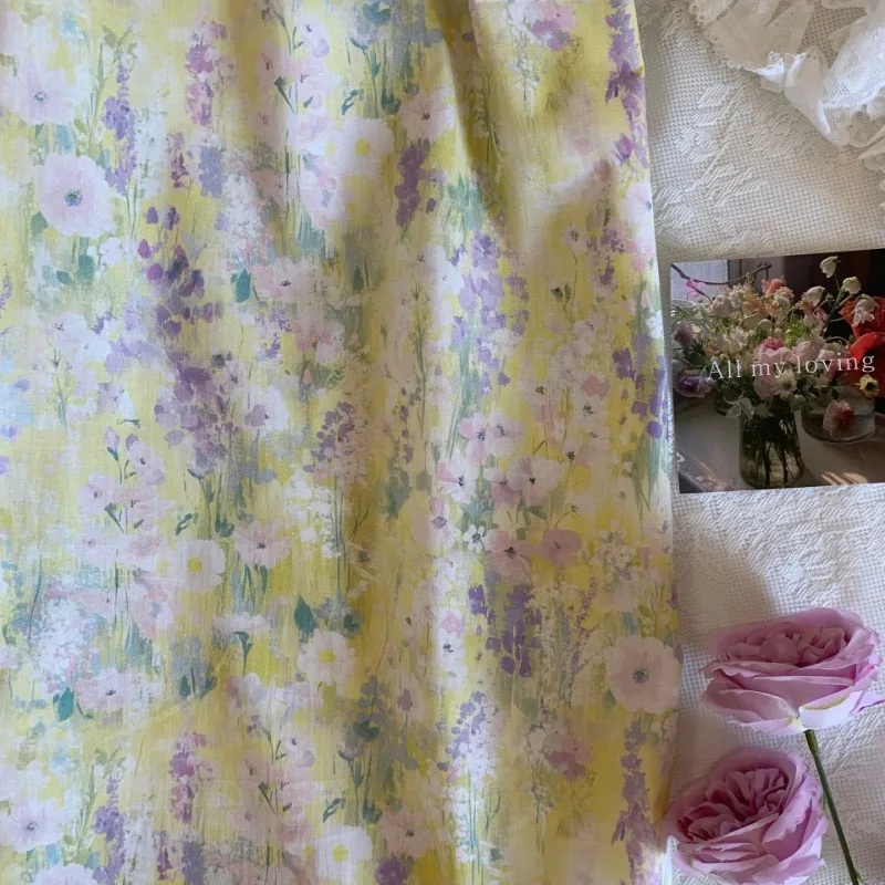 

0.5/1/2 Yard 100% Cotton Yellow Purple Element Elegant Dyed Oil Painting Printed Fabric for DIY Clothing,Tablecloths,Curtains