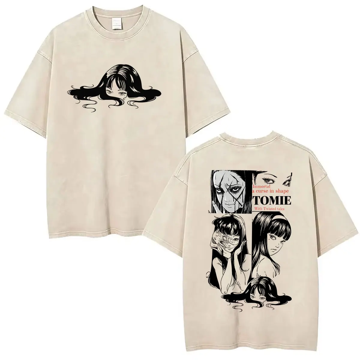 Vintage Washed Tomie Junji Ito Horror Anime T Shirt Men's Women Fashion High Quality Oversized Short Sleeve T-shirts Streetwear